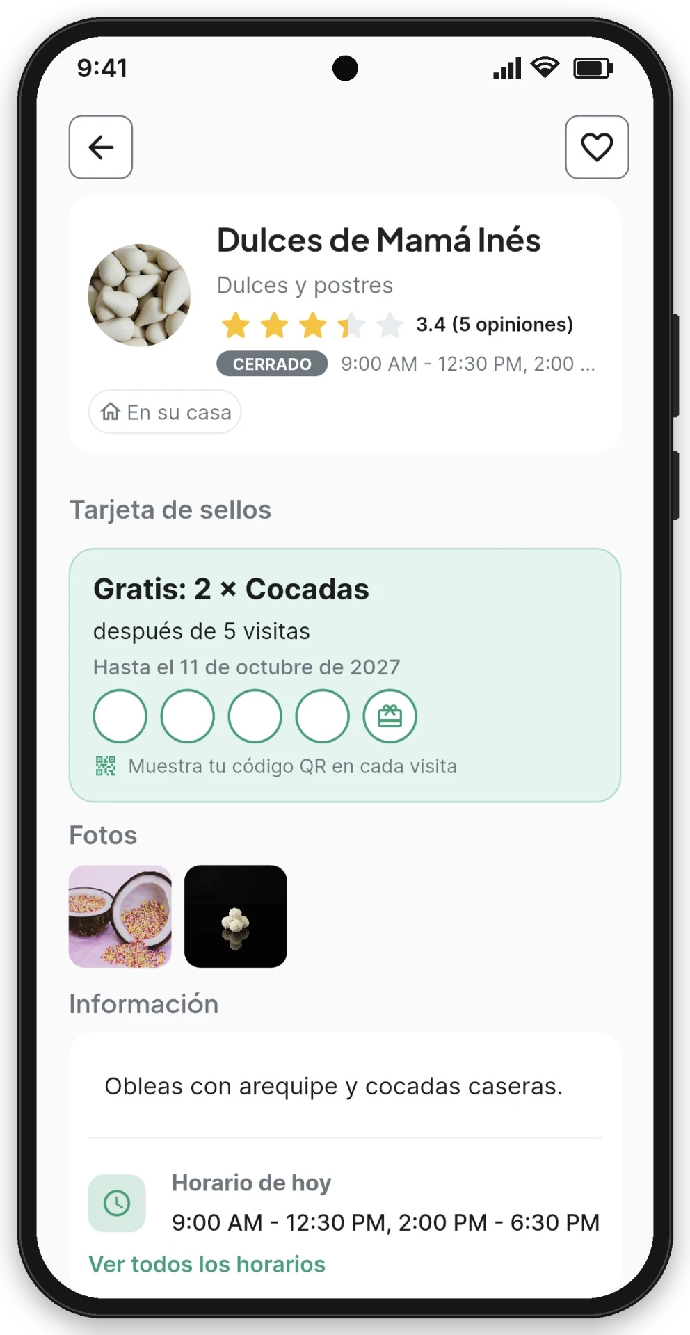 Ficha de un negocio con su tarjeta de sellos