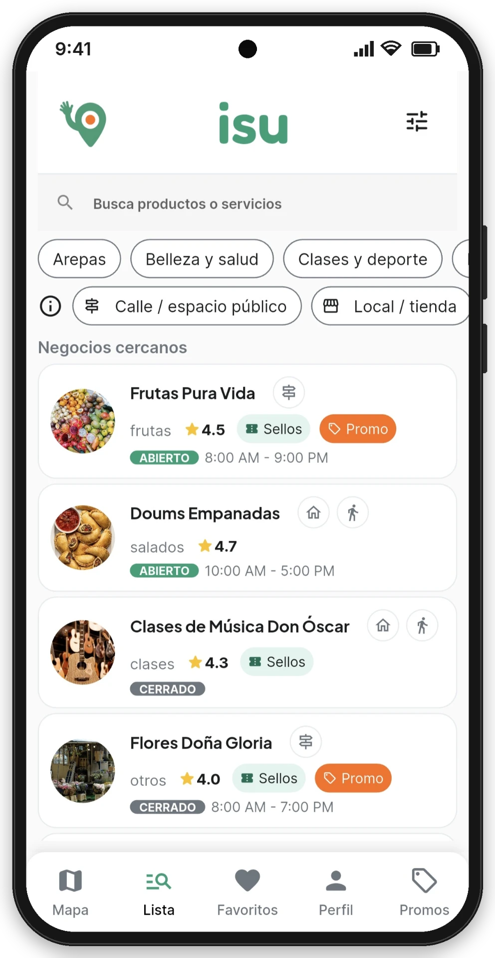 Lista de negocios con estrellas, sellos y promos