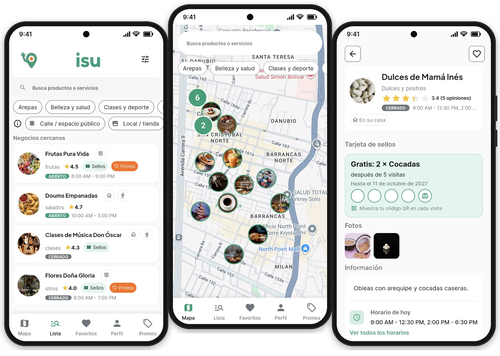 Mapa, lista y ficha de un negocio en Isu